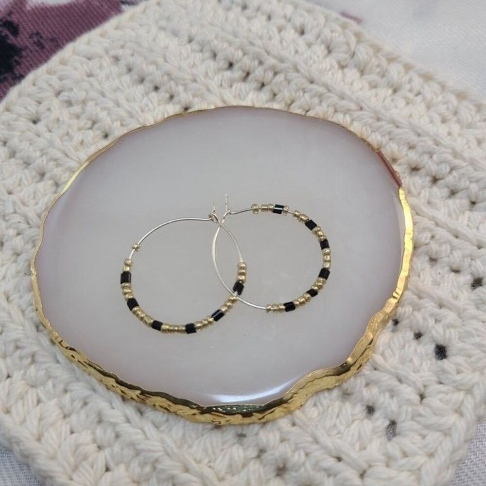 Beaded Hoop Earrings Silver Tone Black Gold Seed Bead Fashion Jewelry